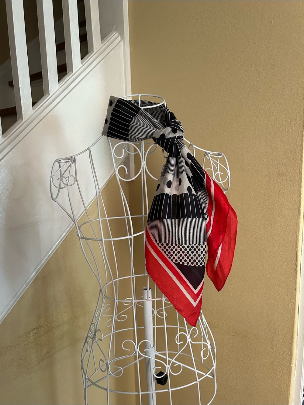 100% Silk Geometric Scarf in Black, White & Red